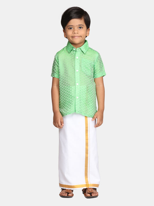 Boys Green Colour Readymade Shirt With Dhoti Set