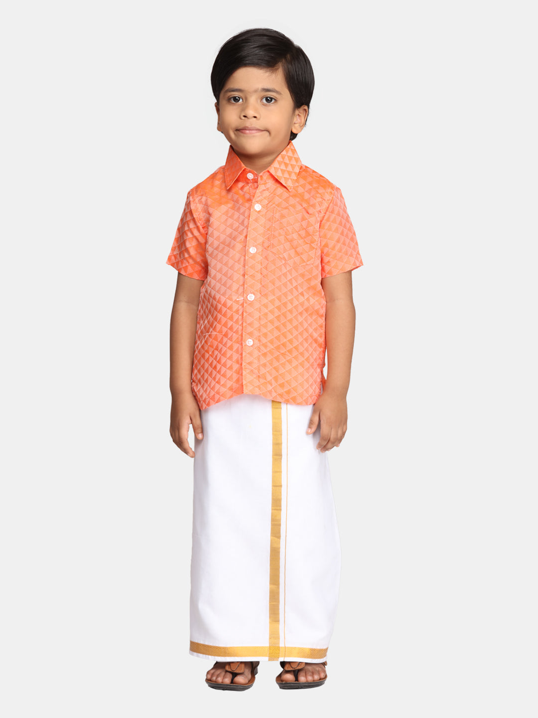 Boys Orange Colour Readymade Shirt With Dhoti Set