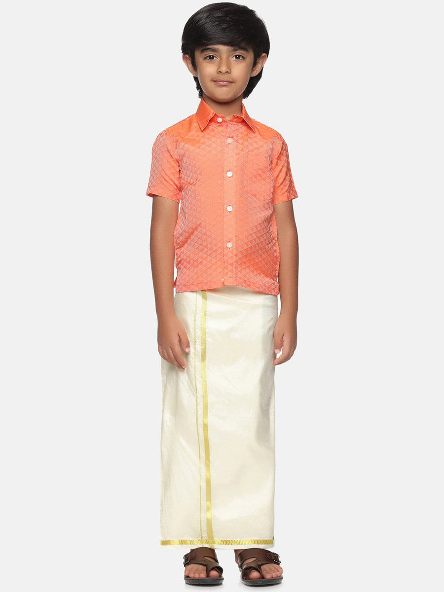 Boys Orange Colour Shirt Readymade Dhoti Set