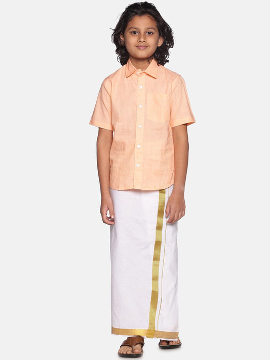 Boys Orange Cotton Readymade Shirt With Dhoti Set