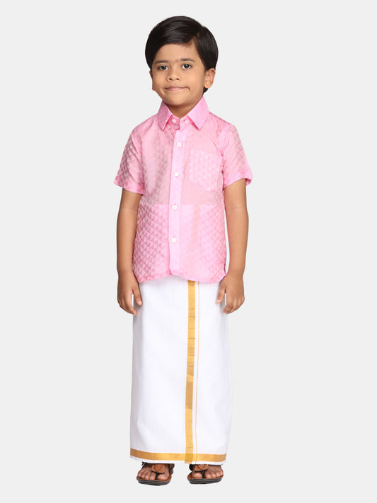 Boys Pink Colour Readymade Shirt With Dhoti Set