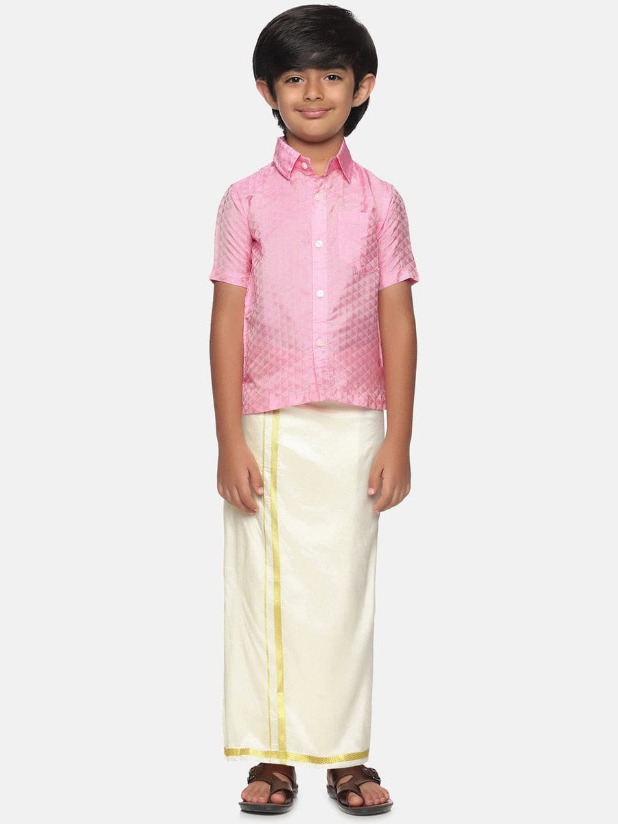 Boys Pink Colour Shirt Readymade Dhoti Set