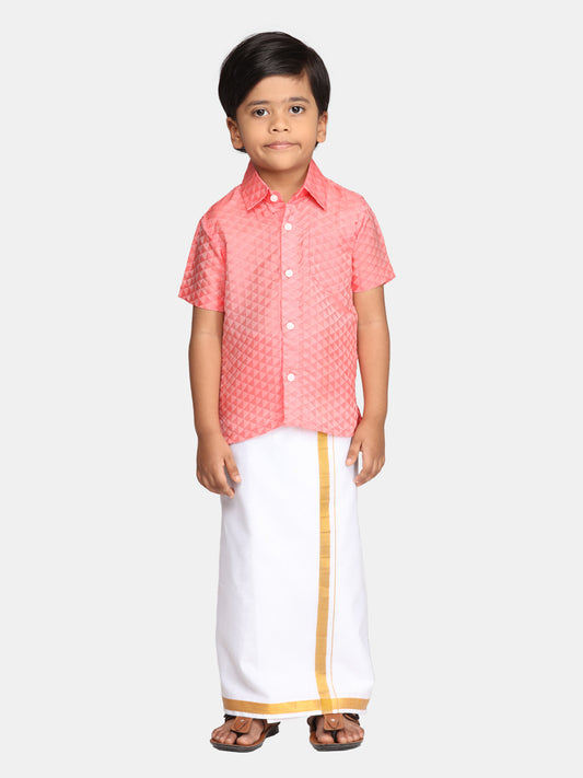 Boys Red Colour Readymade Shirt With Dhoti Set