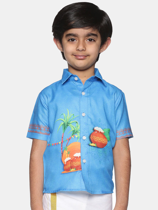 Boys Traditional Pongal Pop Colour Shirt Readymade Dhoti Set