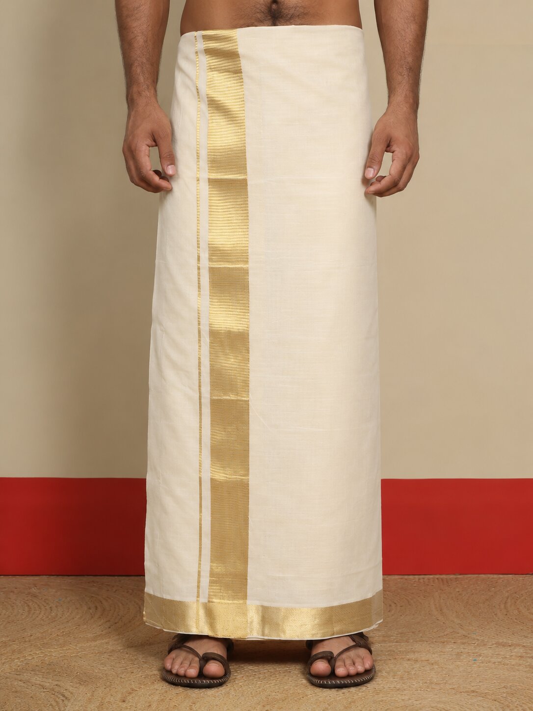 Men Cotton Beige Regular Dhoti - PPWC 3" BORDER BAMBOO (4M)