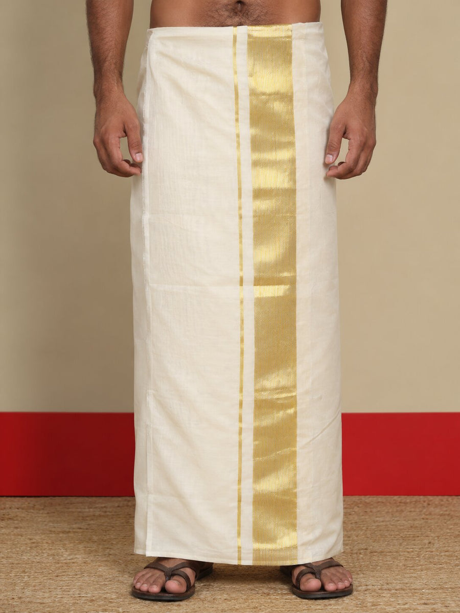 Men Cotton Beige Regular Dhoti - PPWC 3" BORDER BAMBOO (4M)