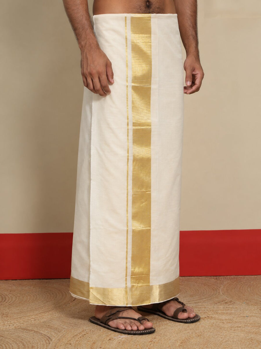 Men Cotton Beige Regular Dhoti - PPWC 3" BORDER BAMBOO (4M)