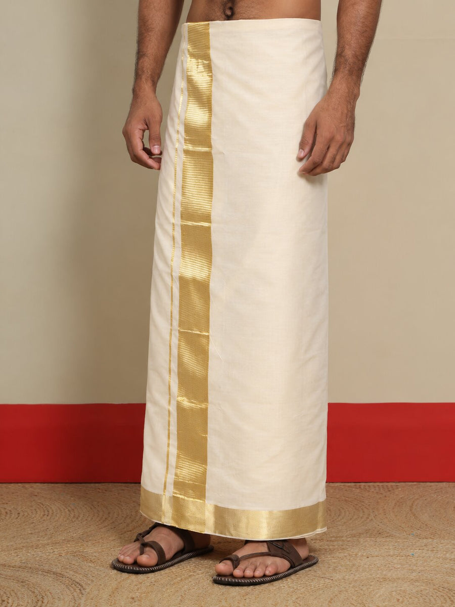 Men Cotton Beige Regular Dhoti - PPWC 3" BORDER BAMBOO (4M)