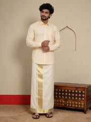 Men Cotton Beige Regular Dhoti - PPWC 3" BORDER BAMBOO (4M)