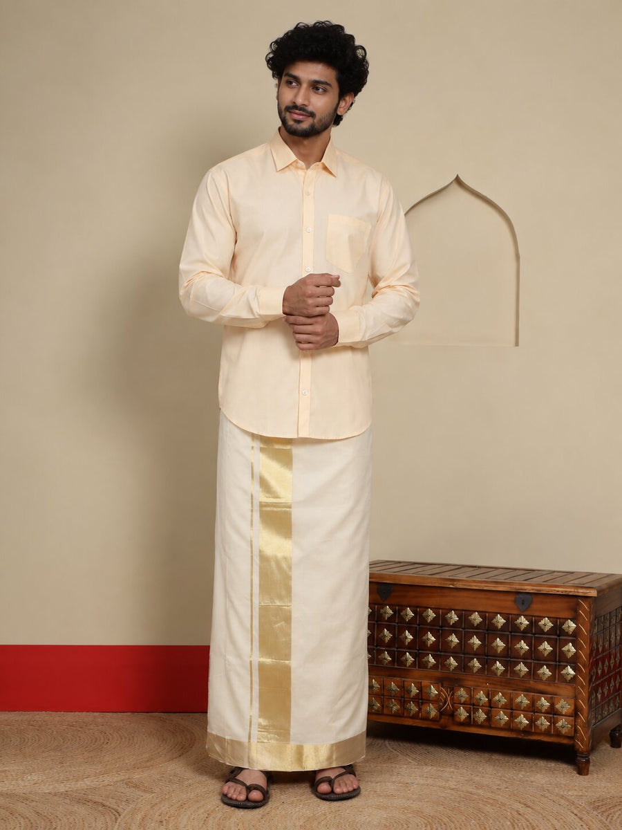 Men Cotton Beige Regular Dhoti - PPWC 3" BORDER BAMBOO (4M)