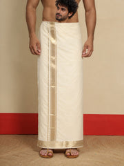 Men Cotton Beige Regular Dhoti - BCJW 2" BORDER (4M)