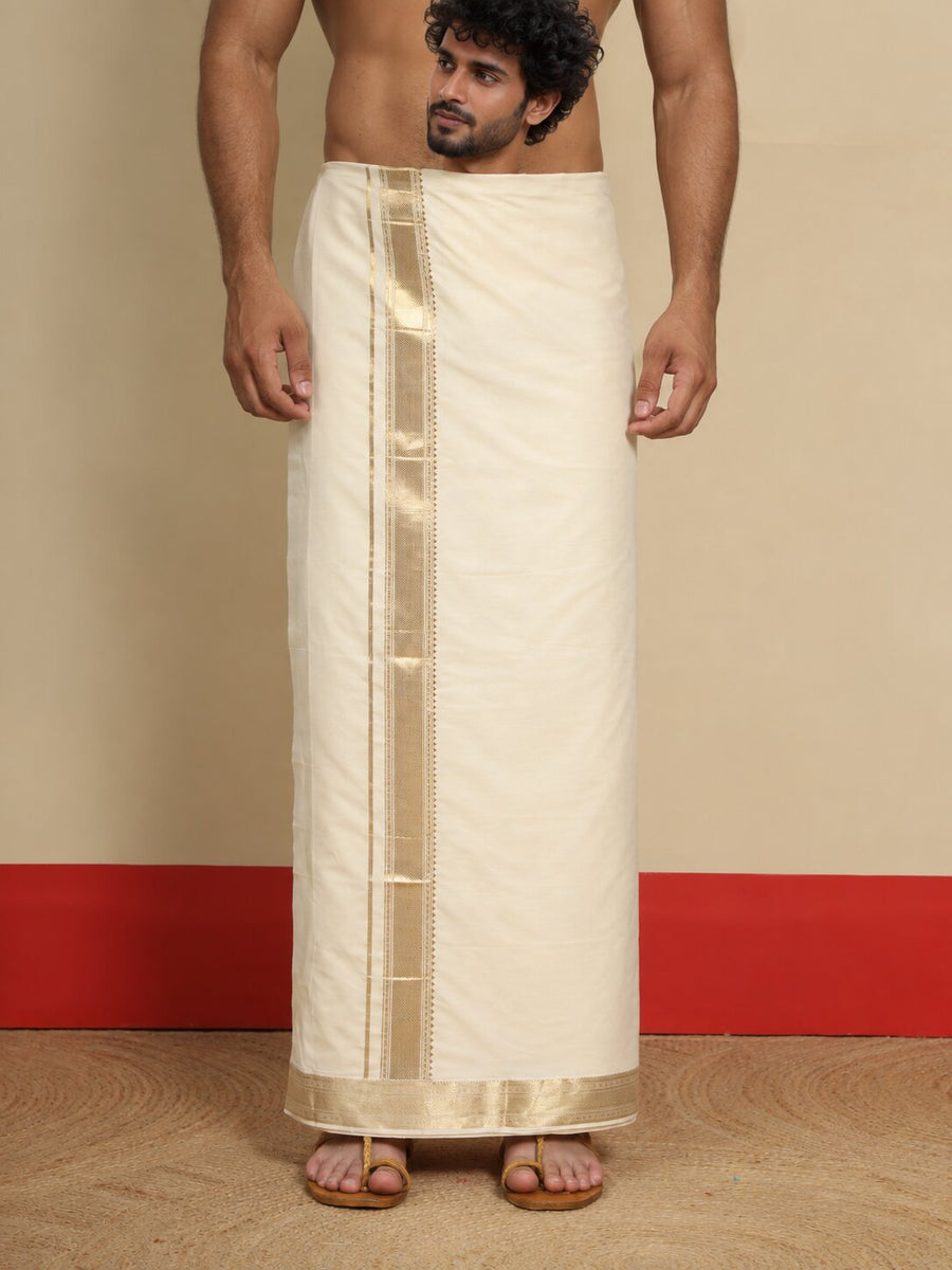 Men Cotton Beige Regular Dhoti - BCJW 2" BORDER (4M)