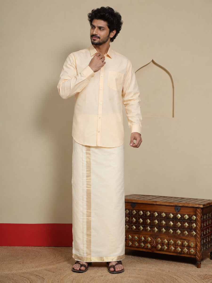 Men Cotton Beige Regular Dhoti - PCJA 1 1/2" BORDER (4M)