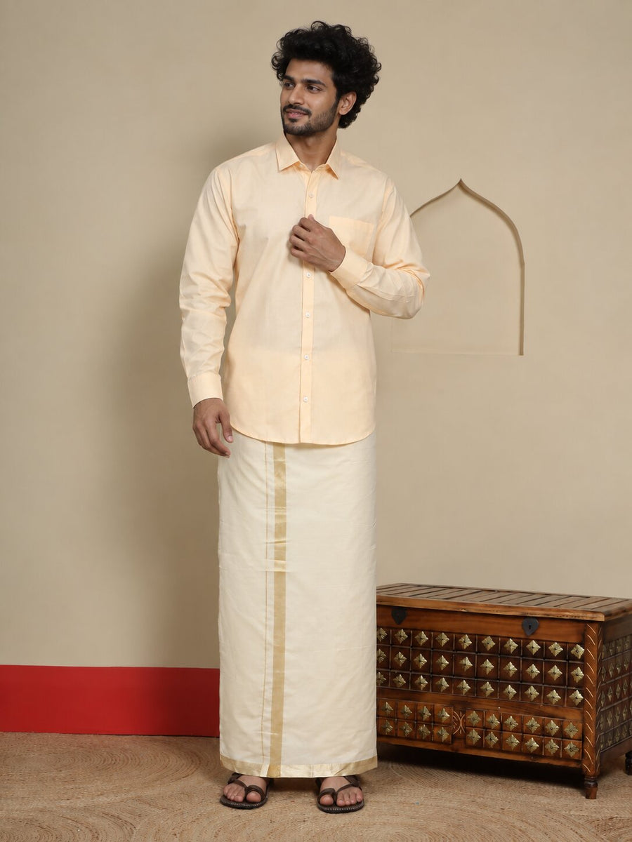 Men Cotton Beige Regular Dhoti - PCJA 1 1/2" BORDER (4M)