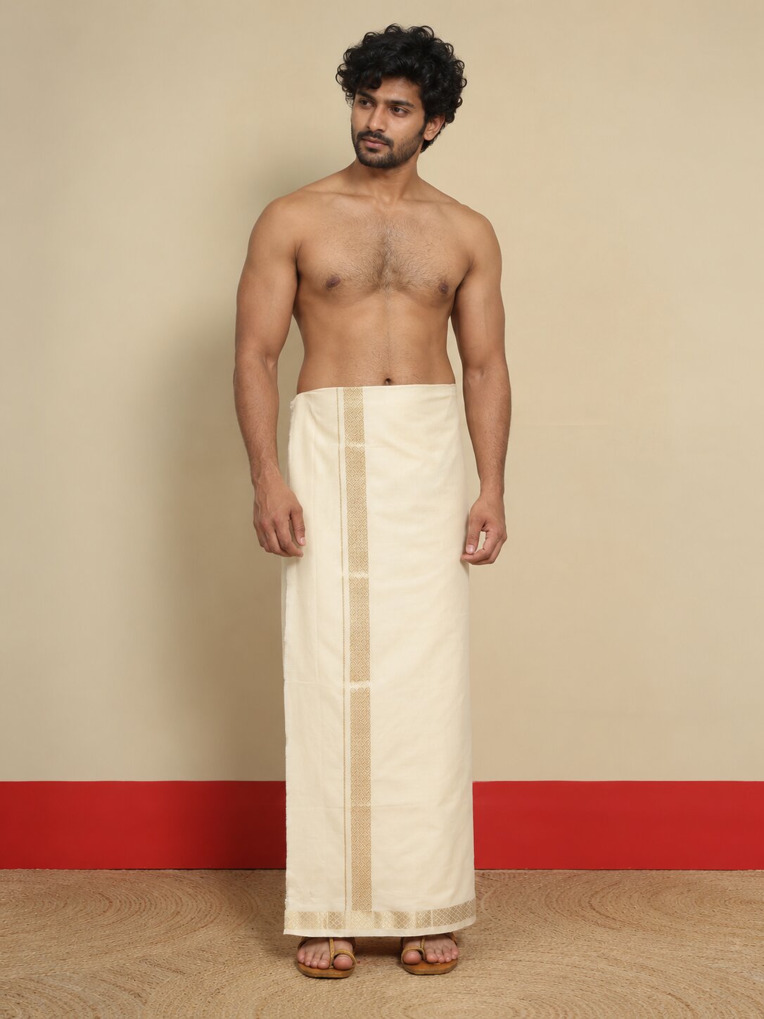 Men Cotton Beige Regular Dhoti - BCSW 1 1/2" BORDER (4M)