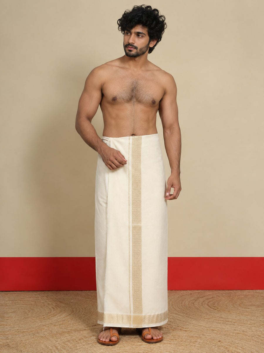 Men Cotton Beige Regular Dhoti - BCSW 1 1/2" BORDER (4M)