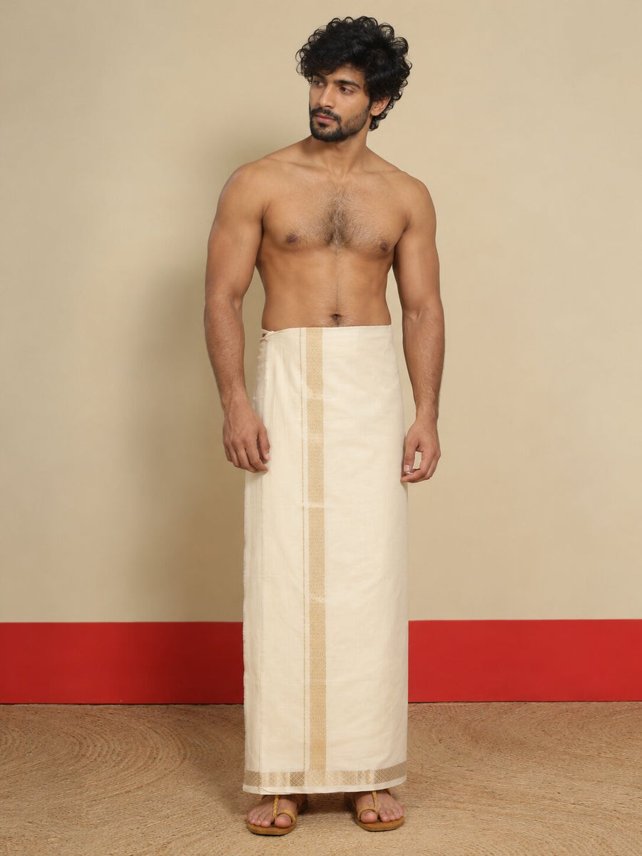 Men Cotton Beige Regular Dhoti - BCSW 1 1/2" BORDER (4M)