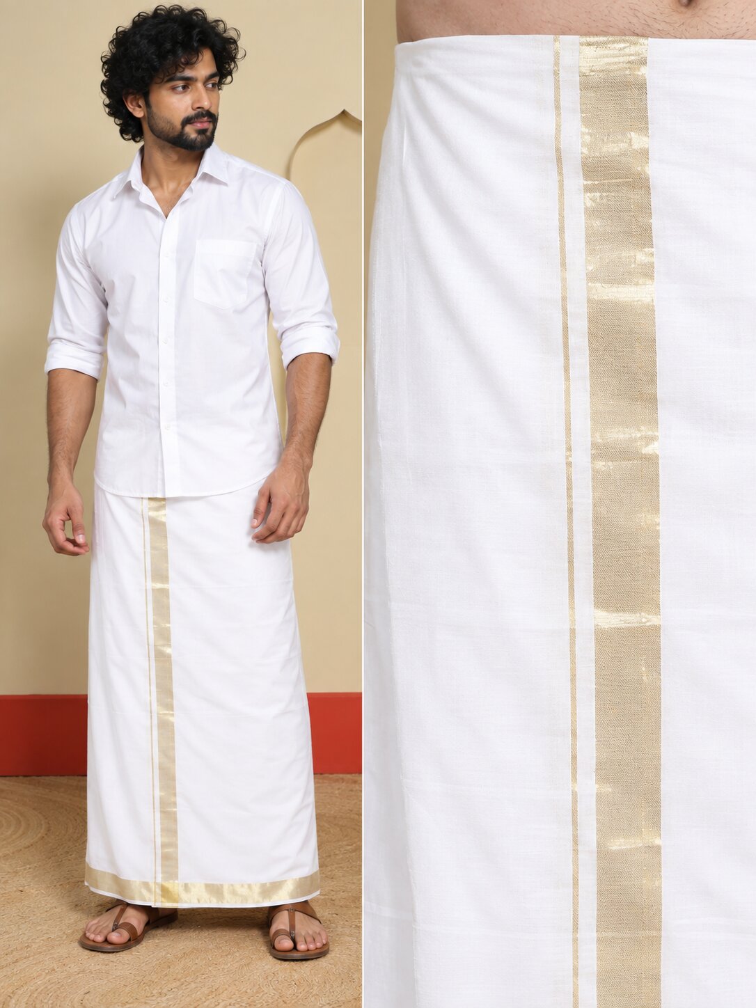 Men Cotton White Regular Dhoti - PWA 1 1/2" BORDER (4M)