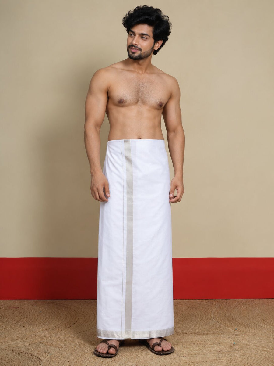 Men Cotton White Regular Dhoti - PWSJ 1 1/2" BORDER (4M)