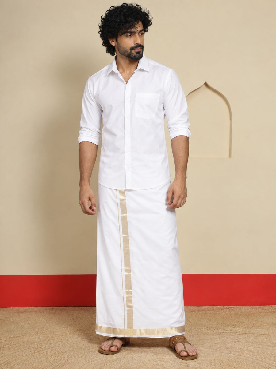 Men Cotton White Regular Dhoti - PWSJ 1 1/2" BORDER (4M)