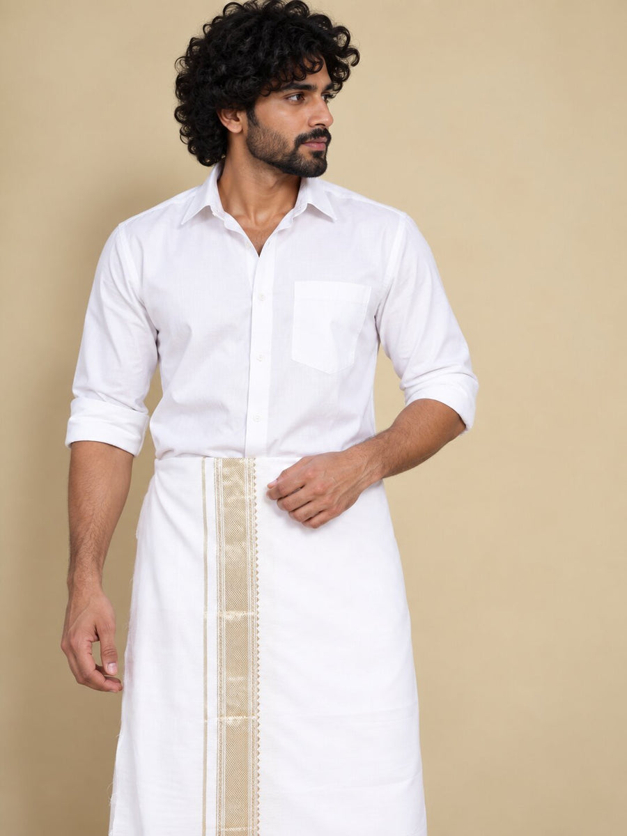 Men Cotton White Regular Dhoti - BWJW 2" BORDER (4M)