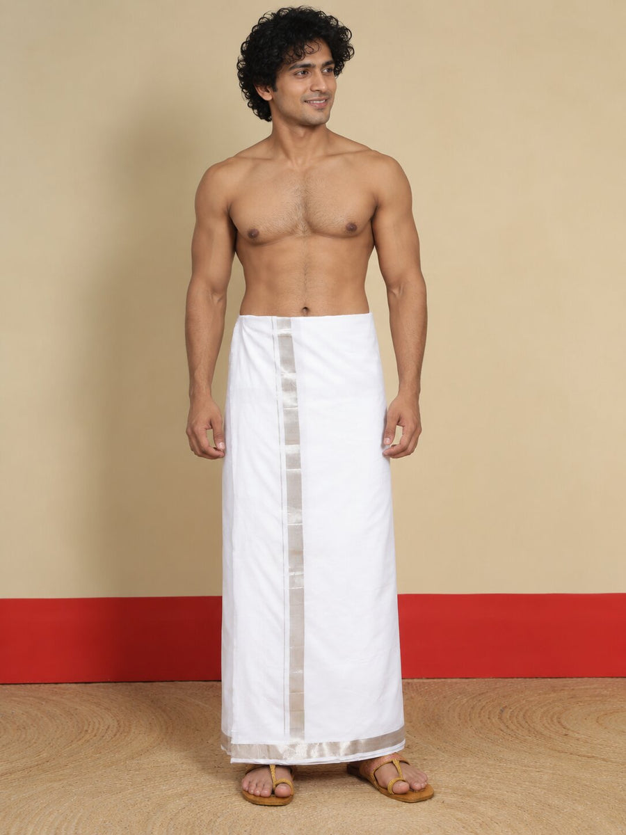 Men Cotton White Regular Dhoti - WLP 04 Silver 4 mtr (4M)