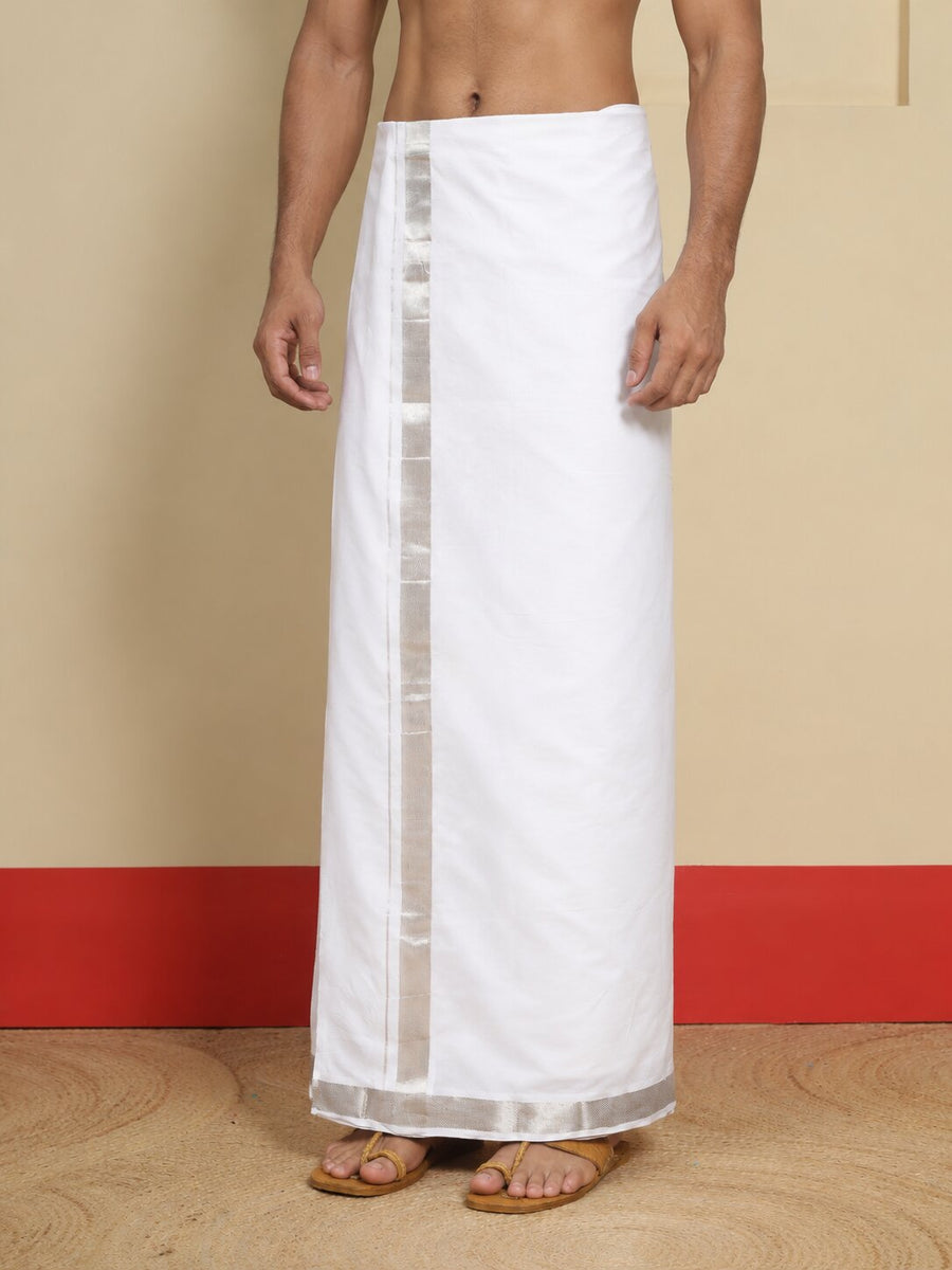 Men Cotton White Regular Dhoti - WLP 04 Silver 4 mtr (4M)