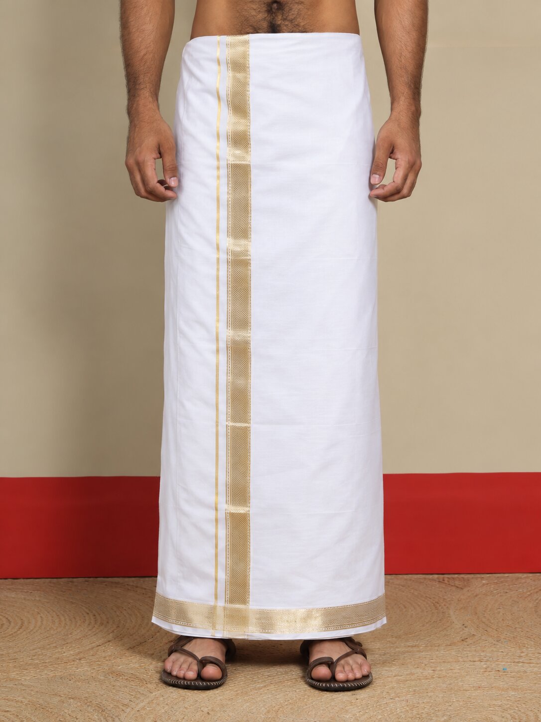 Men Cotton White Regular Dhoti - BWJW 1 1/2 " BORDER (4M)