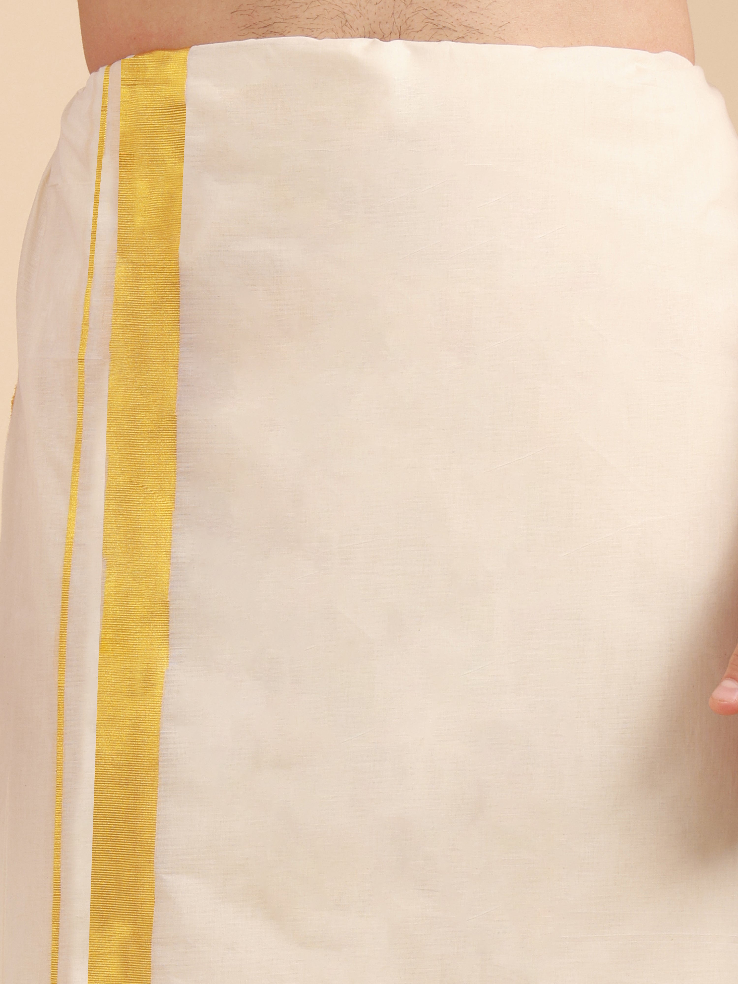 Men Super Fine 2Ply Cotton Regular Dhoti with Gold Jari Border