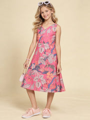 Girls Pink Ethnic Motifs Digital Print Fit and Flare Midi Dress