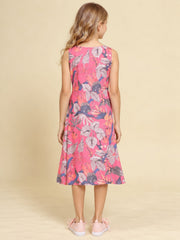 Girls Pink Ethnic Motifs Digital Print Fit and Flare Midi Dress
