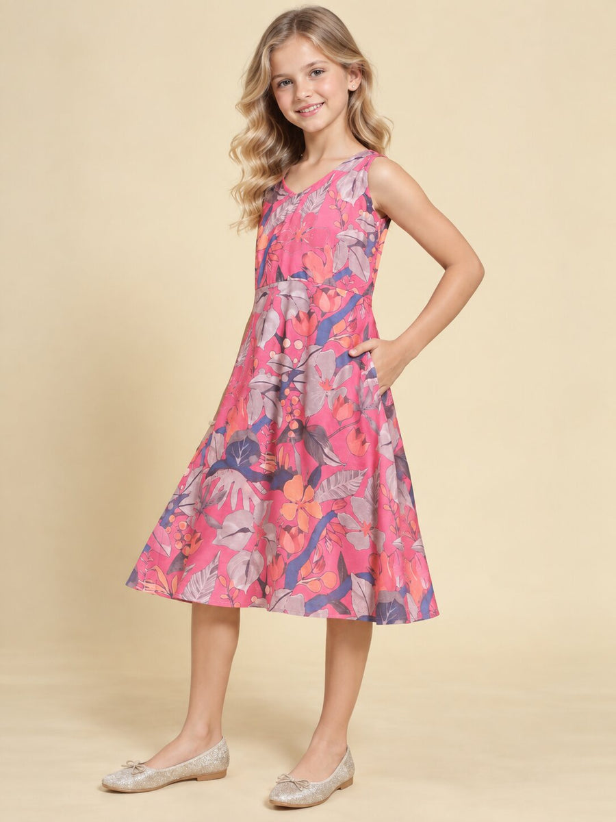 Girls Pink Ethnic Motifs Digital Print Fit and Flare Midi Dress