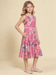 Girls Pink Ethnic Motifs Digital Print Fit and Flare Midi Dress