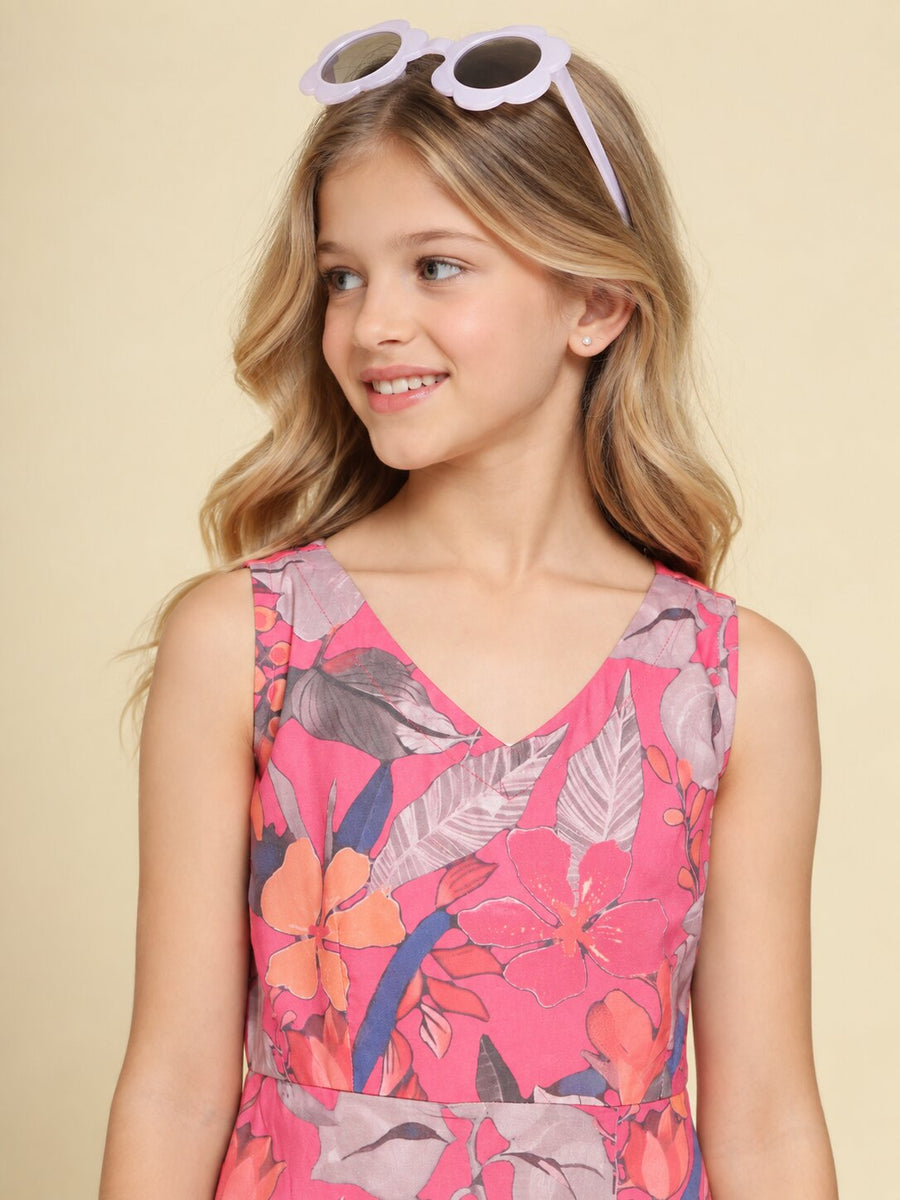 Girls Pink Ethnic Motifs Digital Print Fit and Flare Midi Dress