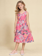 Girls Pink Ethnic Motifs Digital Print Fit and Flare Midi Dress