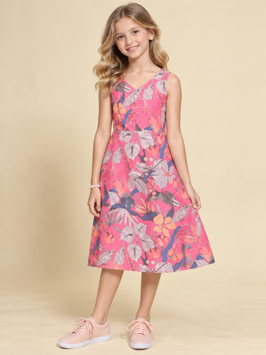 Girls Pink Ethnic Motifs Digital Print Fit and Flare Midi Dress