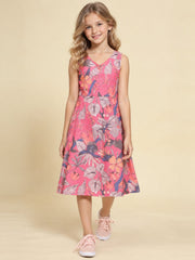Girls Pink Ethnic Motifs Digital Print Fit and Flare Midi Dress