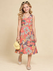 Girls Red Ethnic Motifs Digital Print Fit and Flare Midi Dress