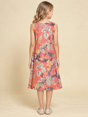 Girls Red Ethnic Motifs Digital Print Fit and Flare Midi Dress