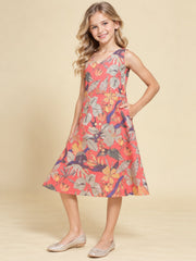 Girls Red Ethnic Motifs Digital Print Fit and Flare Midi Dress
