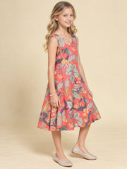 Girls Red Ethnic Motifs Digital Print Fit and Flare Midi Dress