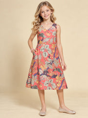 Girls Red Ethnic Motifs Digital Print Fit and Flare Midi Dress