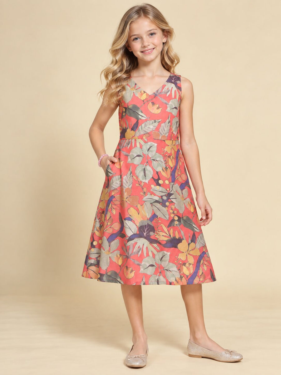 Girls Red Ethnic Motifs Digital Print Fit and Flare Midi Dress