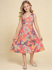 Girls Red Ethnic Motifs Digital Print Fit and Flare Midi Dress