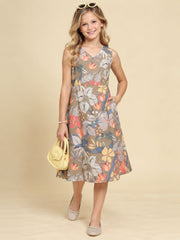 Girls Khaki Brown Ethnic Motifs Digital Print Fit and Flare Midi Dress