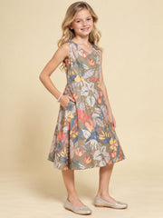 Girls Khaki Brown Ethnic Motifs Digital Print Fit and Flare Midi Dress