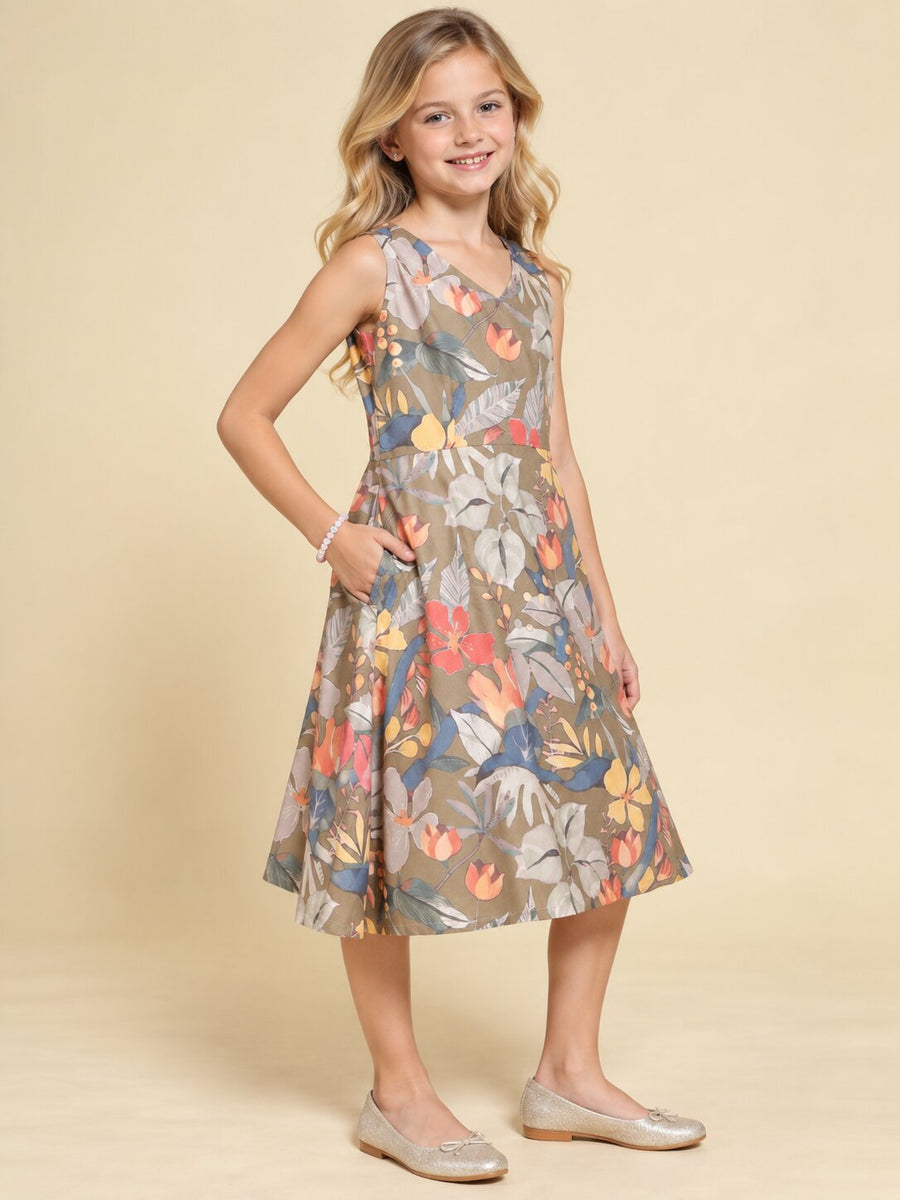Girls Khaki Brown Ethnic Motifs Digital Print Fit and Flare Midi Dress