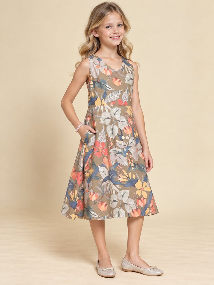 Girls Khaki Brown Ethnic Motifs Digital Print Fit and Flare Midi Dress