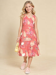 Girls Burgundy Ethnic Motifs Digital Print Fit and Flare Midi Dress
