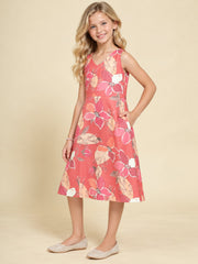 Girls Burgundy Ethnic Motifs Digital Print Fit and Flare Midi Dress